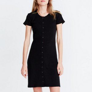 MADEWELL BLACK SHORT SLEEVE BUTTON FRONT RIBBED MINI DRESS